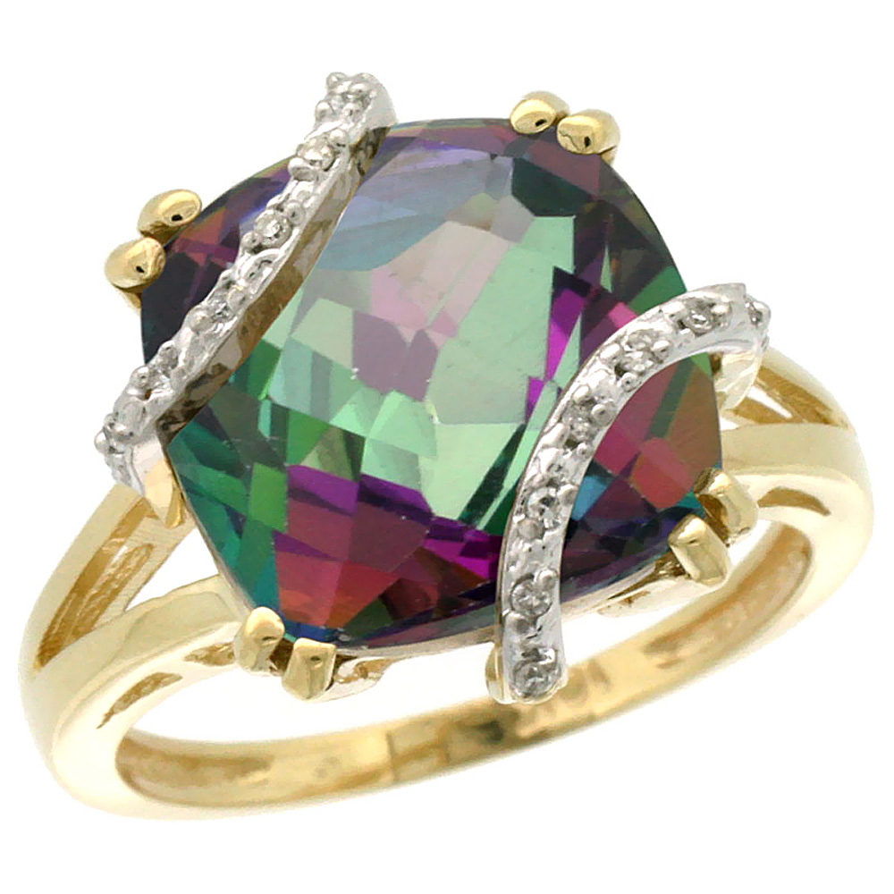 14K Yellow Gold Natural Mystic Topaz Ring Cushion-cut 12x12mm Diamond Accent, sizes 5-10