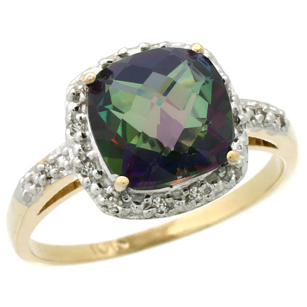 10K Yellow Gold Diamond Natural Mystic Topaz Ring Cushion-cut 8x8 mm, sizes 5-10