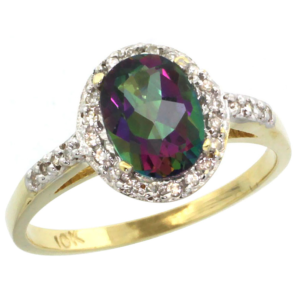 14K Yellow Gold Natural Diamond Mystic Topaz Ring Oval 8x6mm, sizes 5-10