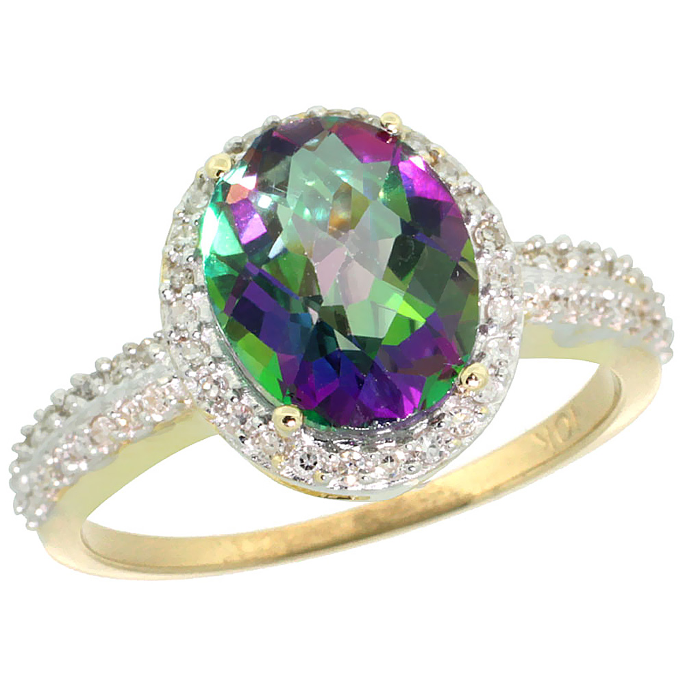 14K Yellow Gold Natural Diamond Mystic Topaz Engagement Ring Oval 10x8mm, sizes 5-10