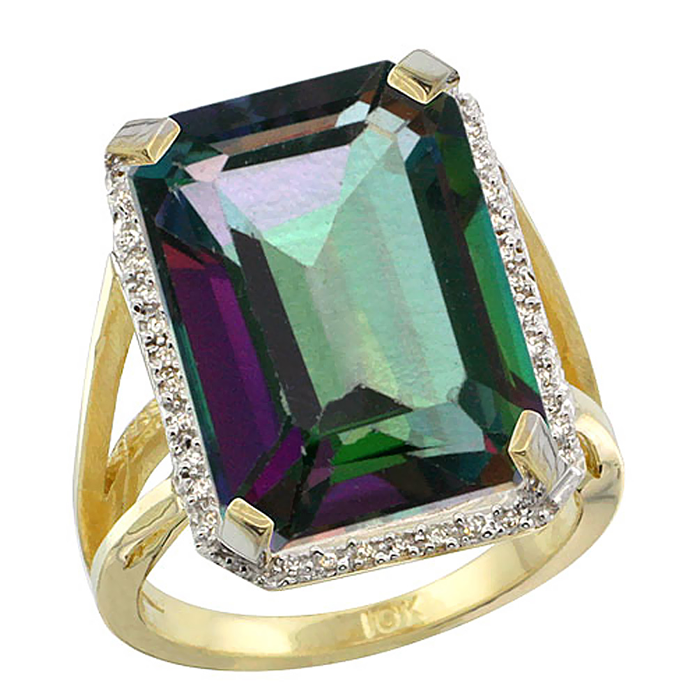 10K Yellow Gold Natural Diamond Mystic Topaz Ring Emerald-cut 18x13mm, sizes 5-10