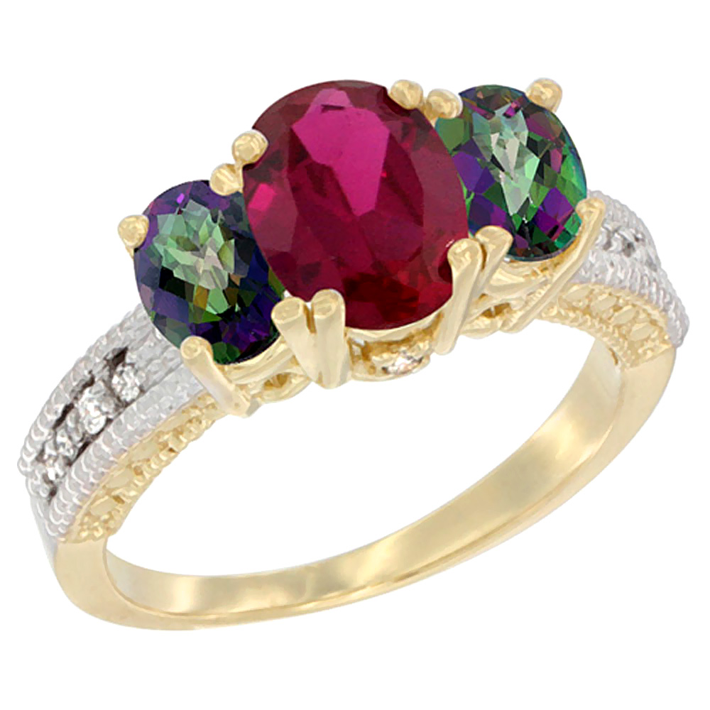 10K Yellow Gold Diamond Quality Ruby 7x5mm & 6x4mm Mystic Topaz Oval 3-stone Mothers Ring,size 5 - 10