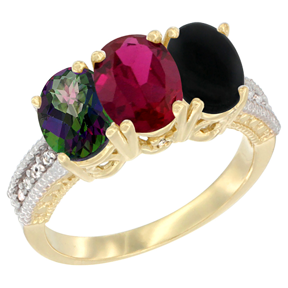 10K Yellow Gold Diamond Natural Mystic Topaz, Enhanced Ruby & Natural Black Onyx Ring 3-Stone 7x5 mm Oval, sizes 5 - 10