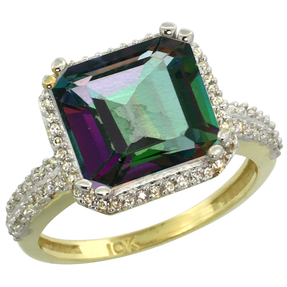 10k Yellow Gold Natural Mystic Topaz Ring Cushion-cut 11x11mm Diamond Halo, sizes 5-10