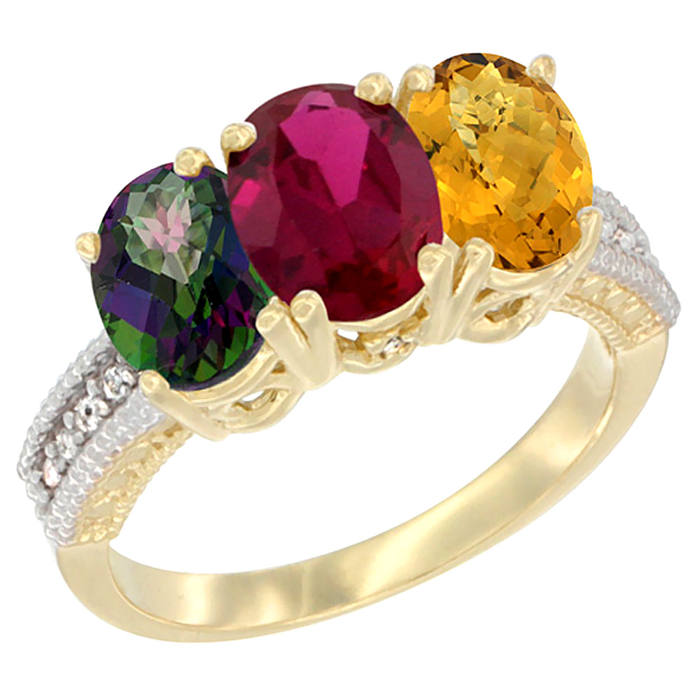 10K Yellow Gold Diamond Natural Mystic Topaz, Enhanced Ruby &amp; Natural Whisky Quartz Ring 3-Stone 7x5 mm Oval, sizes 5 - 10