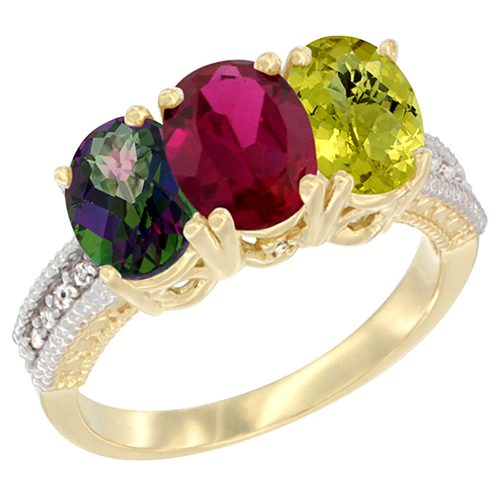 14K Yellow Gold Natural Mystic Topaz, Enhanced Ruby &amp; Natural Lemon Quartz Ring 3-Stone 7x5 mm Oval Diamond Accent, sizes 5 - 10