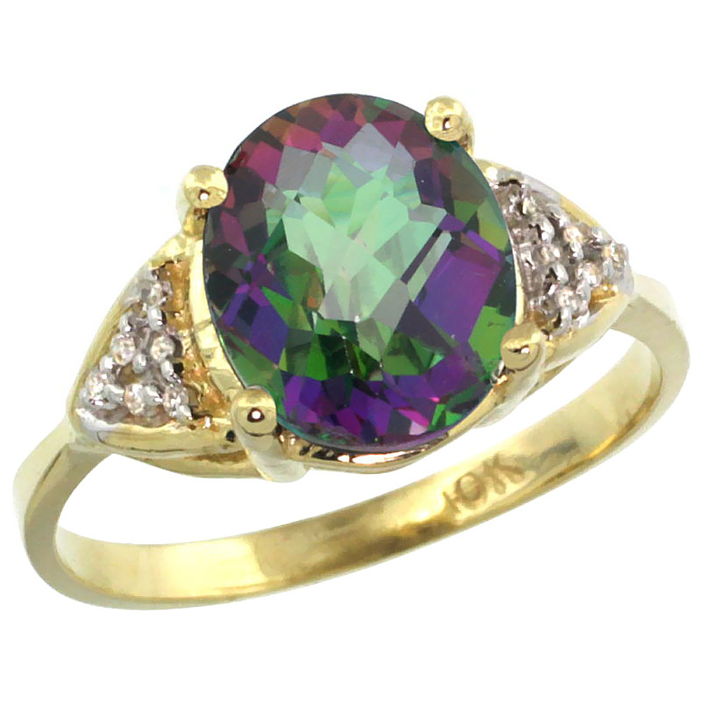 10K Yellow Gold Natural Diamond Mystic Topaz Engagement Ring Oval 10x8mm, sizes 5-10