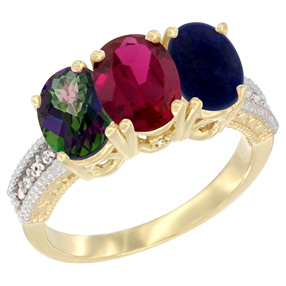 10K Yellow Gold Diamond Natural Mystic Topaz, Enhanced Ruby &amp; Natural Lapis Ring 3-Stone 7x5 mm Oval, sizes 5 - 10