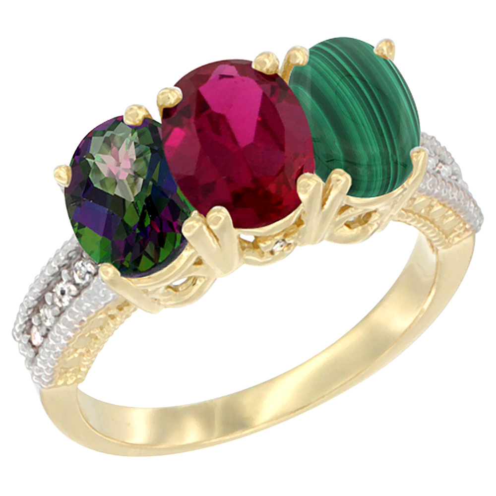 10K Yellow Gold Diamond Natural Mystic Topaz, Enhanced Ruby &amp; Natural Malachite Ring 3-Stone 7x5 mm Oval, sizes 5 - 10