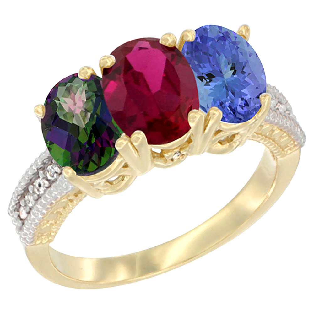 10K Yellow Gold Diamond Natural Mystic Topaz, Enhanced Ruby &amp; Natural Tanzanite Ring 3-Stone 7x5 mm Oval, sizes 5 - 10