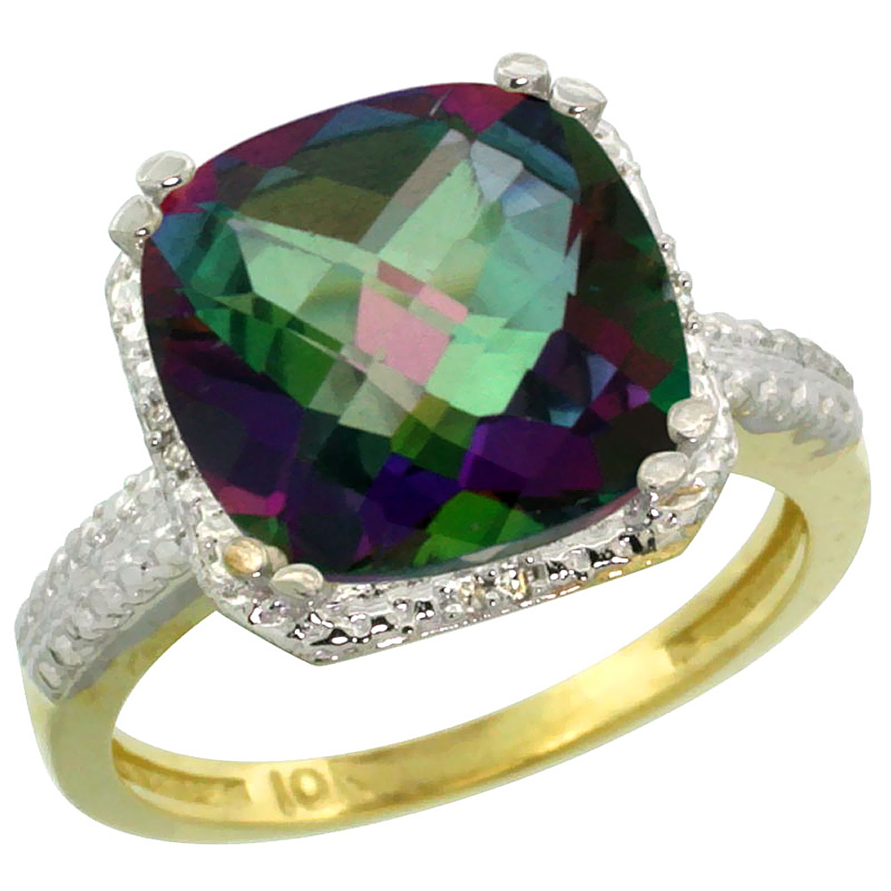 14K Yellow Gold Natural Diamond Mystic Topaz Ring Cushion-cut 11x11mm, sizes 5-10