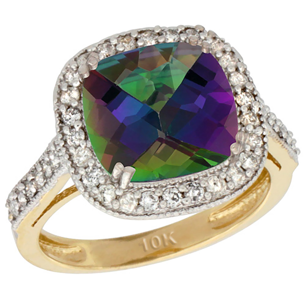 10k Yellow Gold Natural Mystic Topaz Ring Cushion-cut 9x9mm Diamond Halo, sizes 5-10