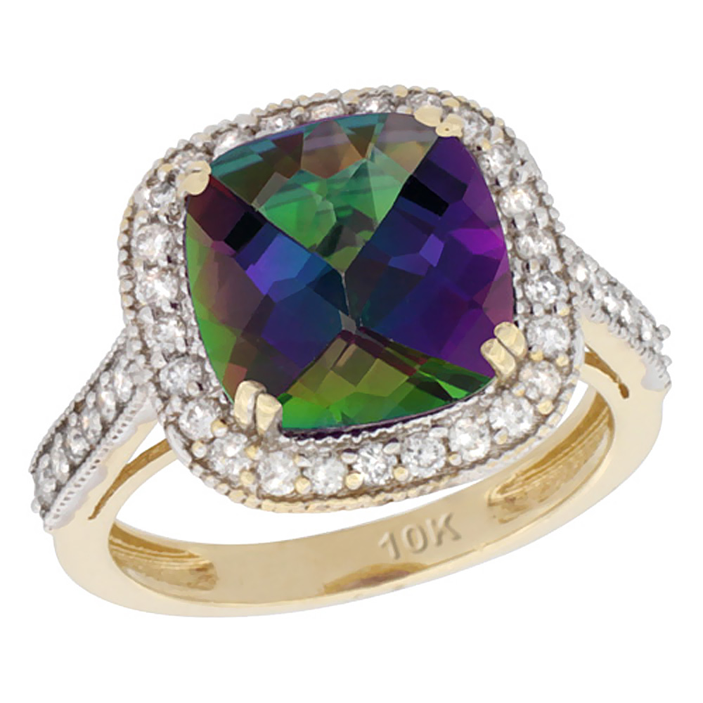 14K Yellow Gold Natural Mystic Topaz Ring Cushion-cut 10x10mm Diamond Halo, sizes 5-10