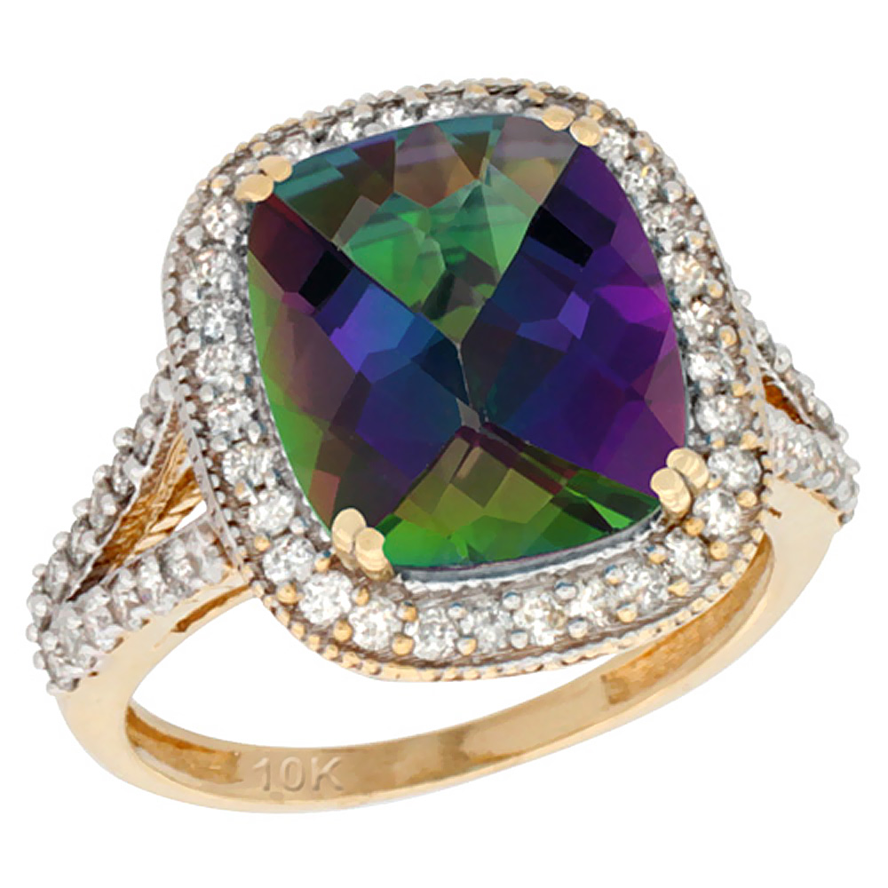 10k Yellow Gold Natural Mystic Topaz Ring Cushion-cut 12x10mm Diamond Halo, sizes 5-10