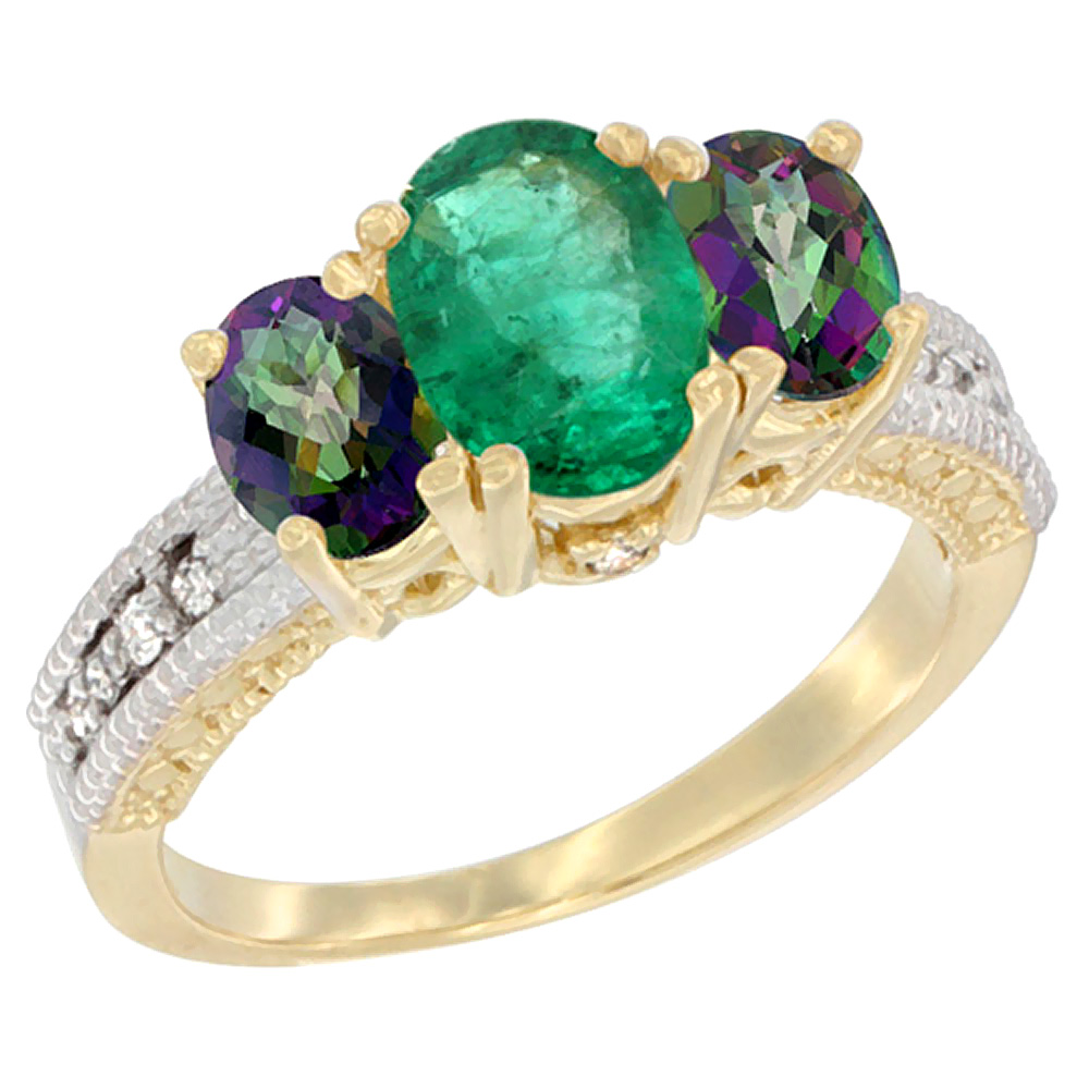 10K Yellow Gold Diamond Natural Quality Emerald 7x5mm &6x4mm Mystic Topaz Oval 3-stone MothersRing,sz5-10