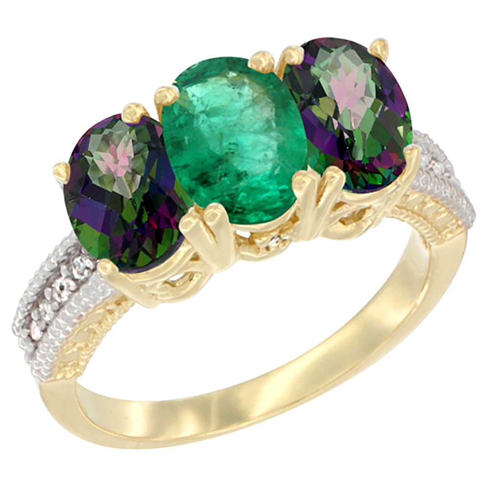 14K Yellow Gold Natural Emerald & Mystic Topaz Ring 3-Stone 7x5 mm Oval Diamond Accent, sizes 5 - 10