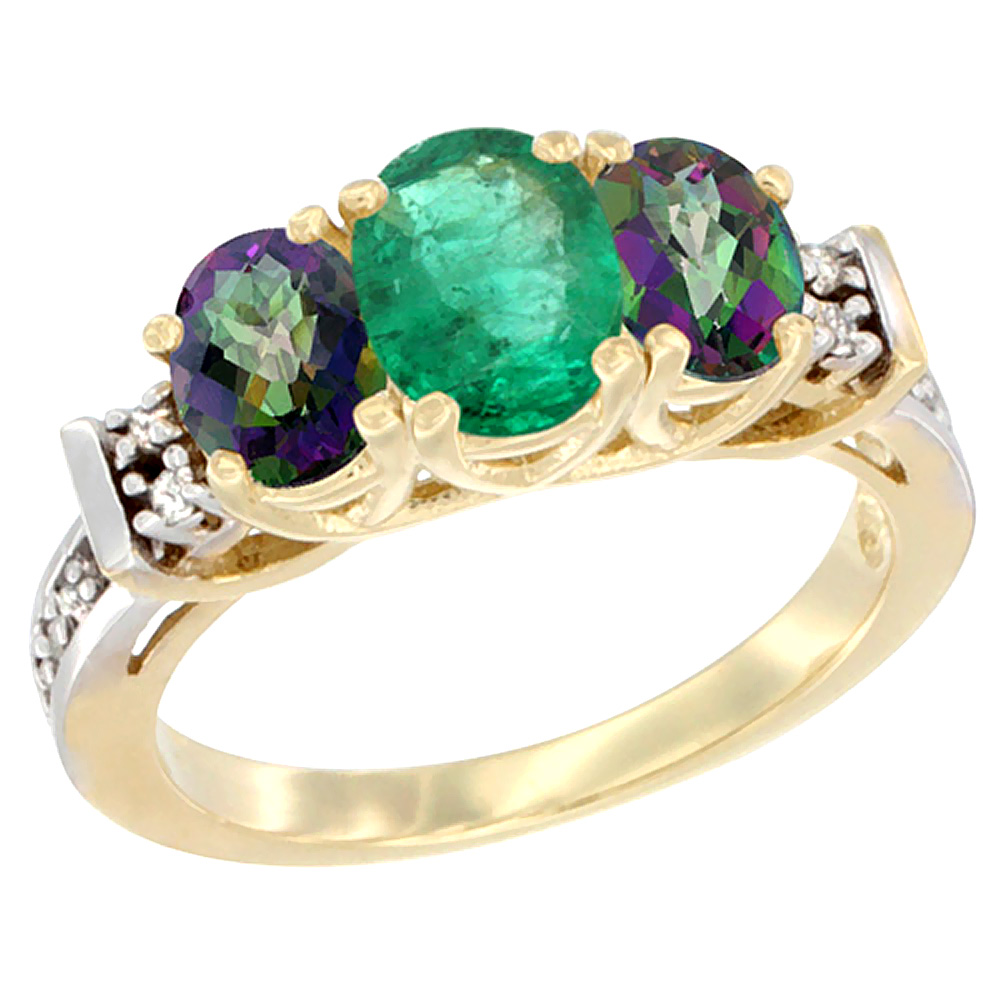 14K Yellow Gold Natural Emerald & Mystic Topaz Ring 3-Stone Oval Diamond Accent