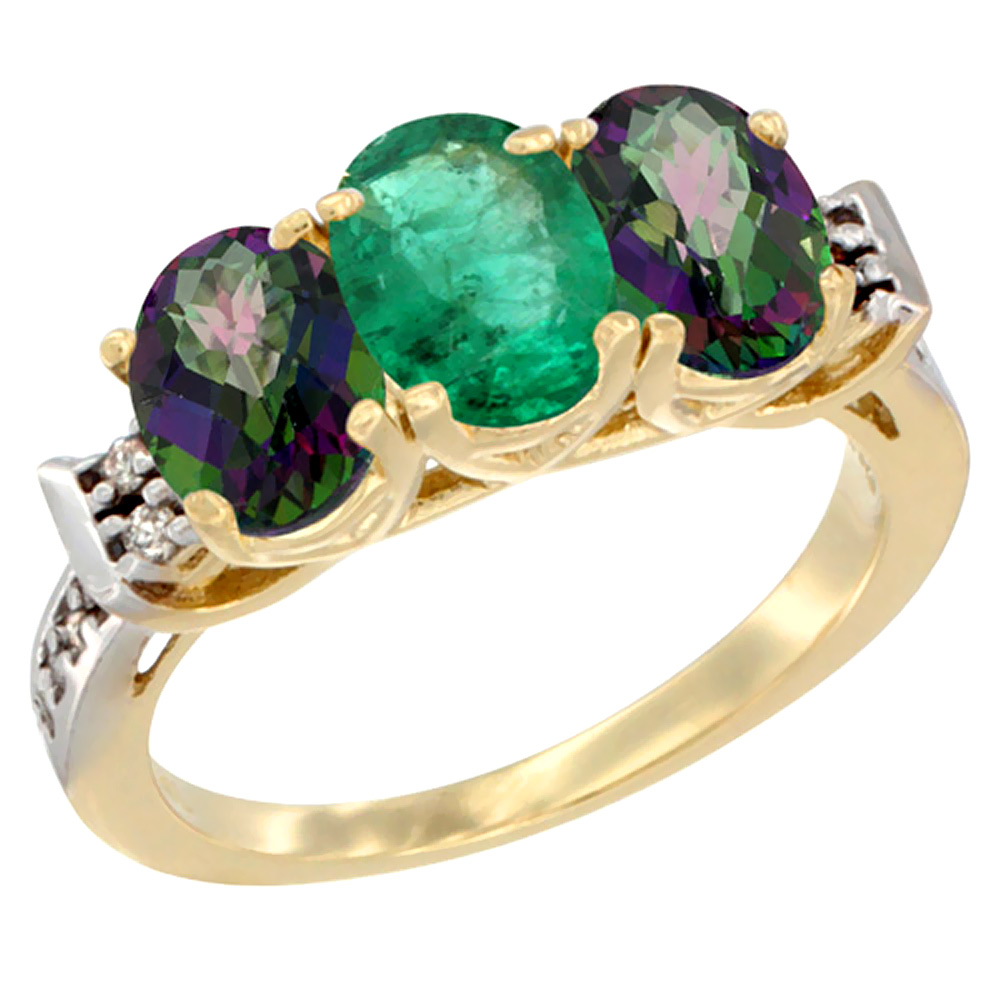 14K Yellow Gold Natural Emerald &amp; Mystic Topaz Sides Ring 3-Stone Oval 7x5 mm Diamond Accent, sizes 5 - 10