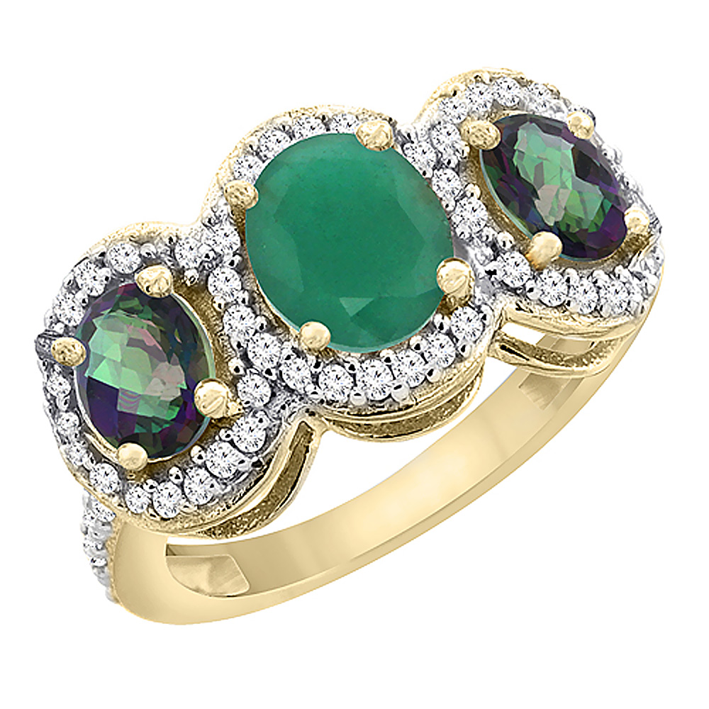 14K Yellow Gold Natural Emerald &amp; Mystic Topaz 3-Stone Ring Oval Diamond Accent, sizes 5 - 10