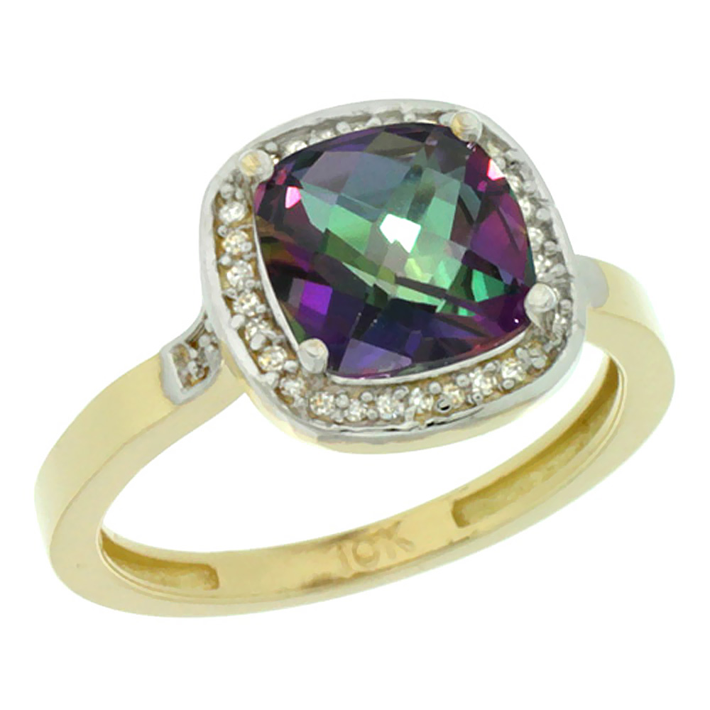 10K Yellow Gold Natural Diamond Mystic Topaz Ring Cushion-cut 8x8mm, sizes 5-10