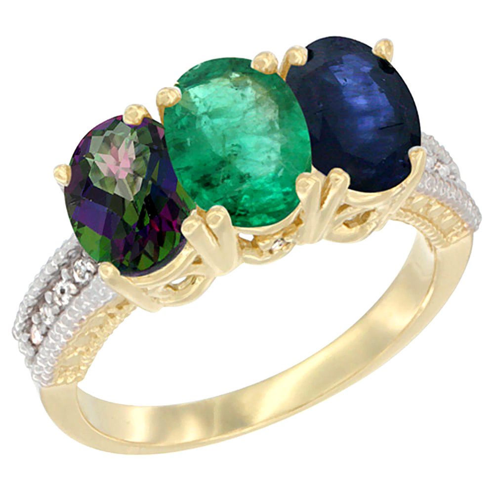 10K Yellow Gold Diamond Natural Mystic Topaz, Emerald & Blue Sapphire Ring 3-Stone 7x5 mm Oval, sizes 5 - 10