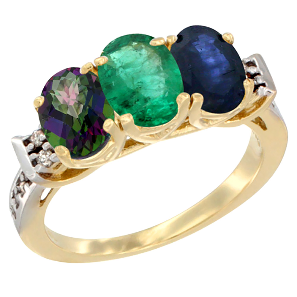 10K Yellow Gold Natural Mystic Topaz, Emerald & Blue Sapphire Ring 3-Stone Oval 7x5 mm Diamond Accent, sizes 5 - 10