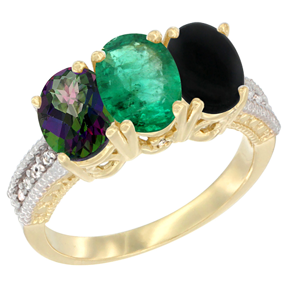 10K Yellow Gold Diamond Natural Mystic Topaz, Emerald & Black Onyx Ring 3-Stone 7x5 mm Oval, sizes 5 - 10