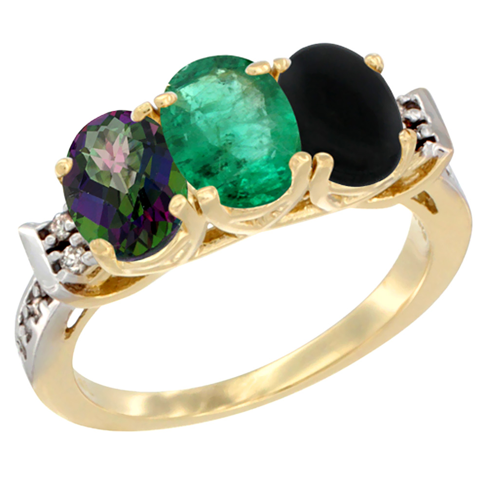 10K Yellow Gold Natural Mystic Topaz, Emerald & Black Onyx Ring 3-Stone Oval 7x5 mm Diamond Accent, sizes 5 - 10