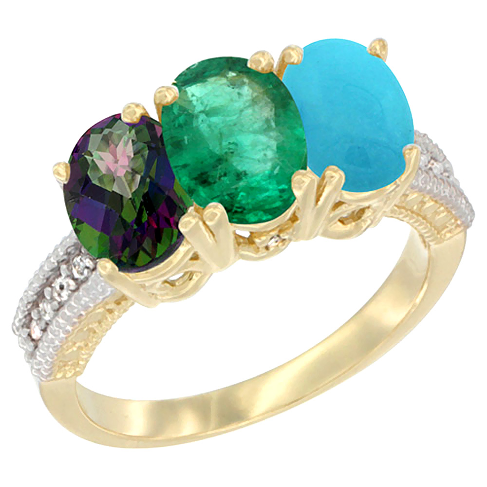 10K Yellow Gold Diamond Natural Mystic Topaz, Emerald & Turquoise Ring 3-Stone 7x5 mm Oval, sizes 5 - 10