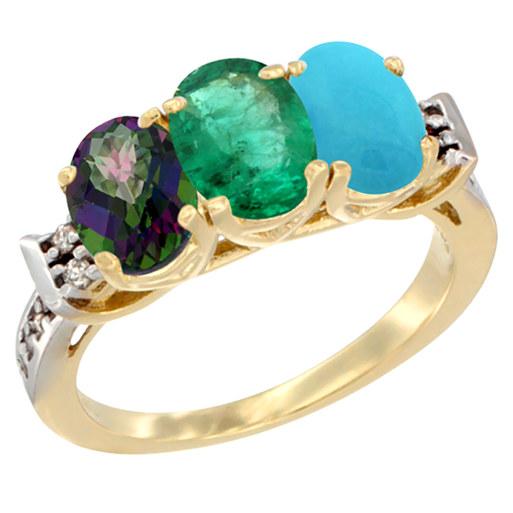 14K Yellow Gold Natural Mystic Topaz, Emerald &amp; Turquoise Ring 3-Stone Oval 7x5 mm Diamond Accent, sizes 5 - 10