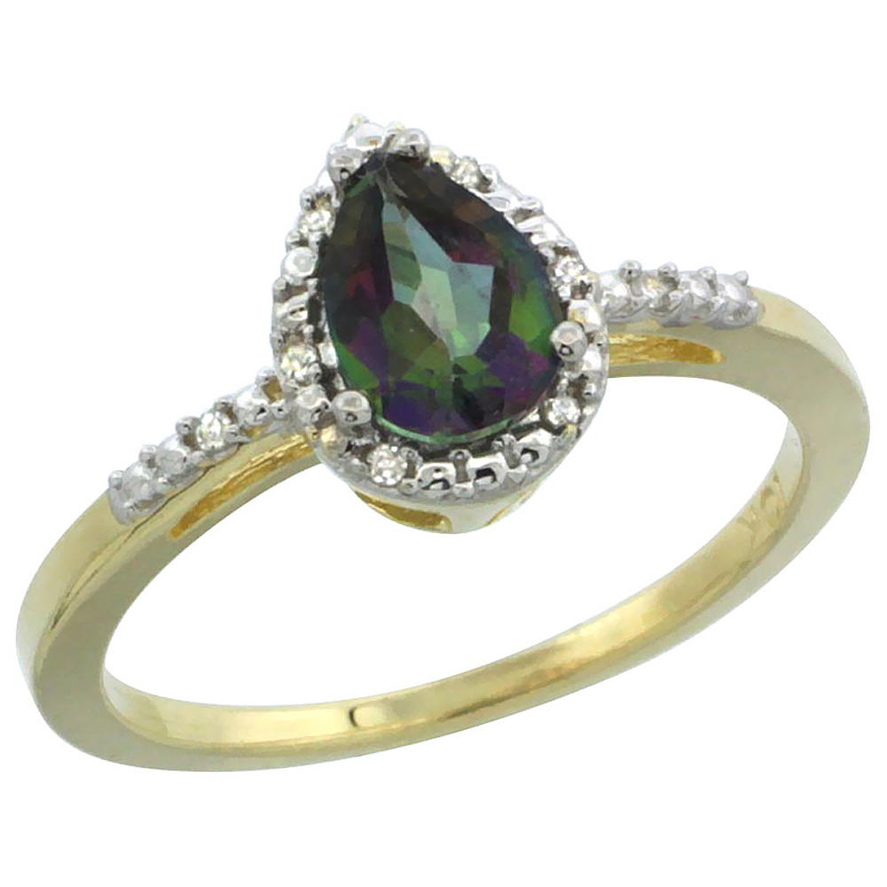 10K Yellow Gold Natural Diamond Mystic Topaz Ring Pear 7x5mm, sizes 5-10