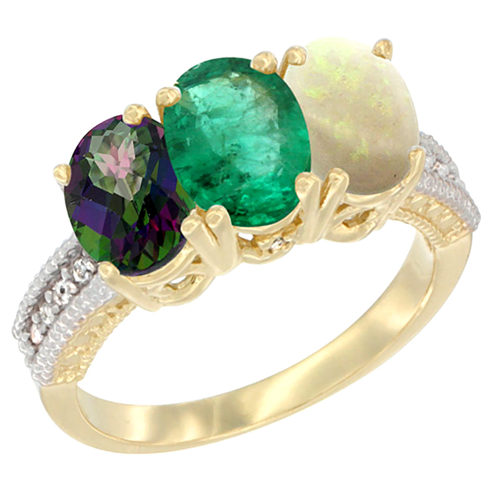 10K Yellow Gold Diamond Natural Mystic Topaz, Emerald & Opal Ring 3-Stone 7x5 mm Oval, sizes 5 - 10