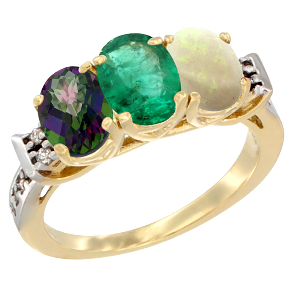 14K Yellow Gold Natural Mystic Topaz, Emerald & Opal Ring 3-Stone Oval 7x5 mm Diamond Accent, sizes 5 - 10