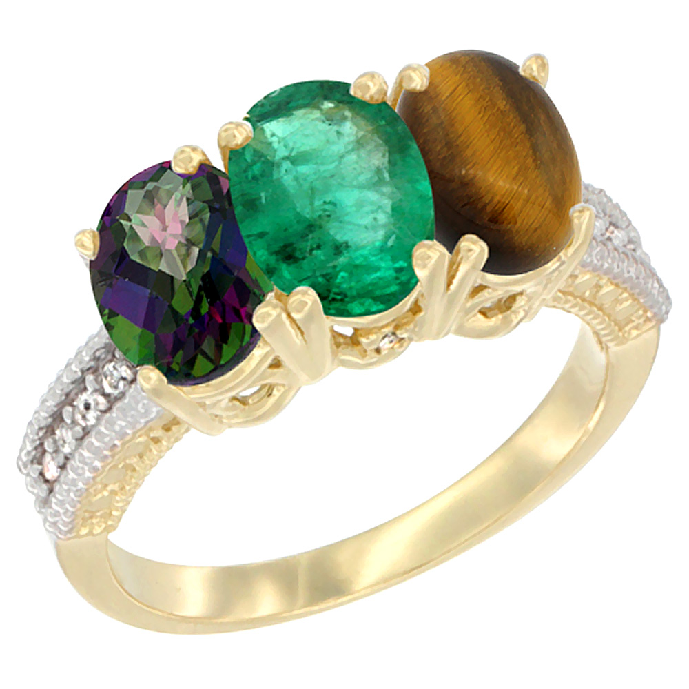 10K Yellow Gold Diamond Natural Mystic Topaz, Emerald & Tiger Eye Ring 3-Stone 7x5 mm Oval, sizes 5 - 10