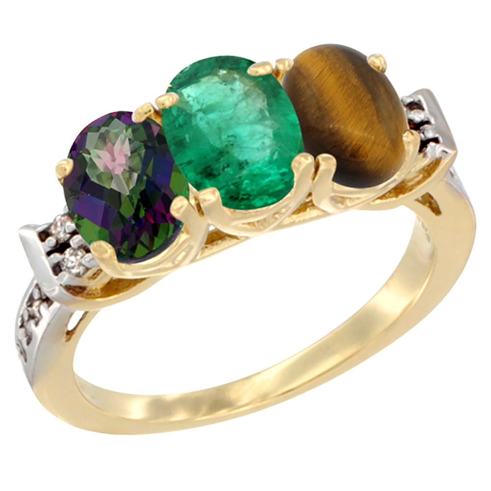 10K Yellow Gold Natural Mystic Topaz, Emerald & Tiger Eye Ring 3-Stone Oval 7x5 mm Diamond Accent, sizes 5 - 10