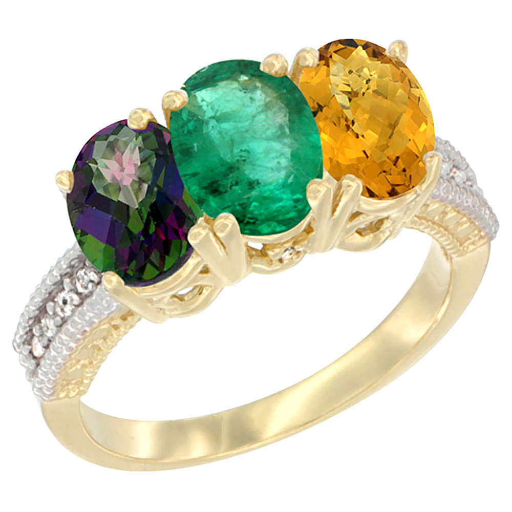 10K Yellow Gold Diamond Natural Mystic Topaz, Emerald & Whisky Quartz Ring 3-Stone 7x5 mm Oval, sizes 5 - 10