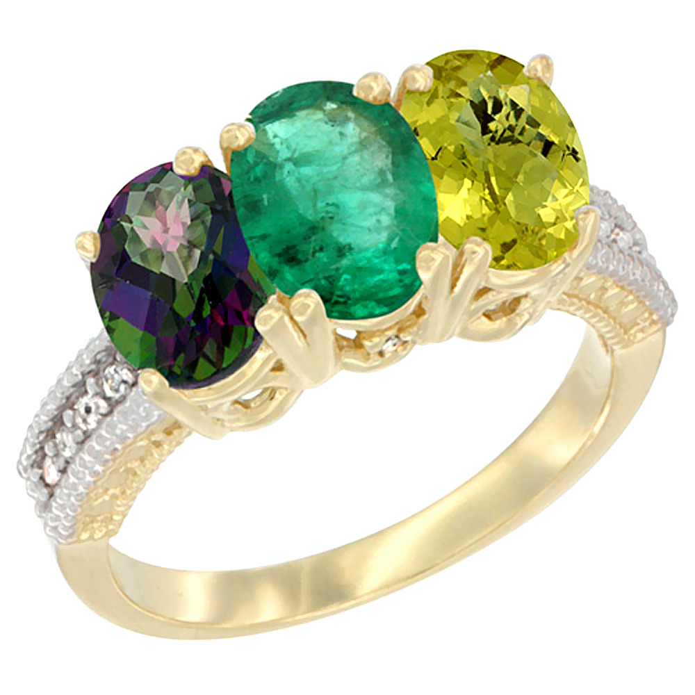 10K Yellow Gold Diamond Natural Mystic Topaz, Emerald & Lemon Quartz Ring 3-Stone 7x5 mm Oval, sizes 5 - 10