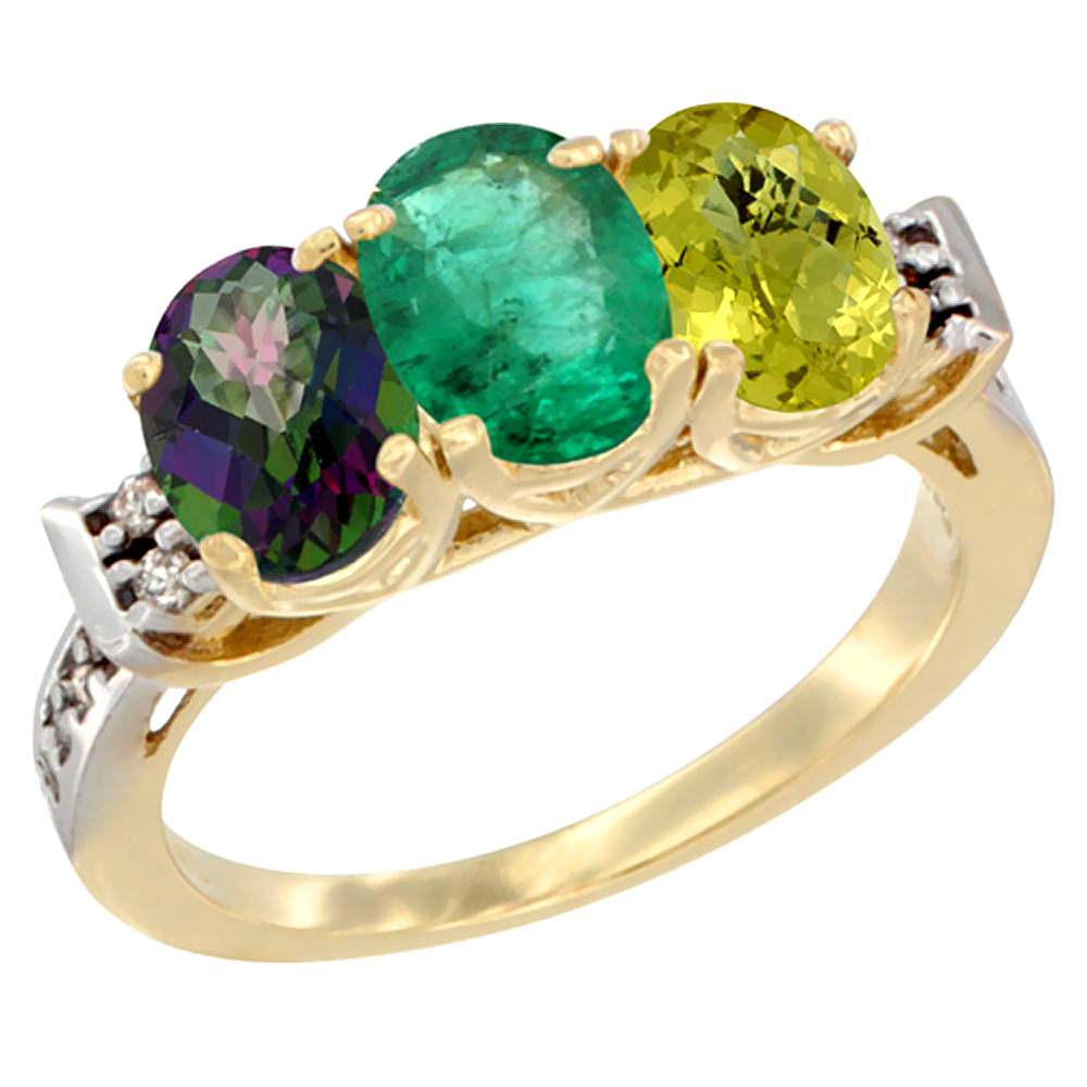 14K Yellow Gold Natural Mystic Topaz, Emerald & Lemon Quartz Ring 3-Stone Oval 7x5 mm Diamond Accent, sizes 5 - 10