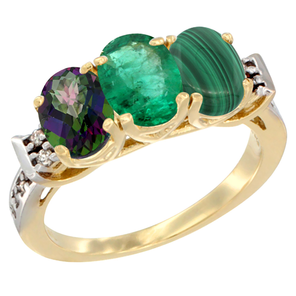 10K Yellow Gold Natural Mystic Topaz, Emerald &amp; Malachite Ring 3-Stone Oval 7x5 mm Diamond Accent, sizes 5 - 10