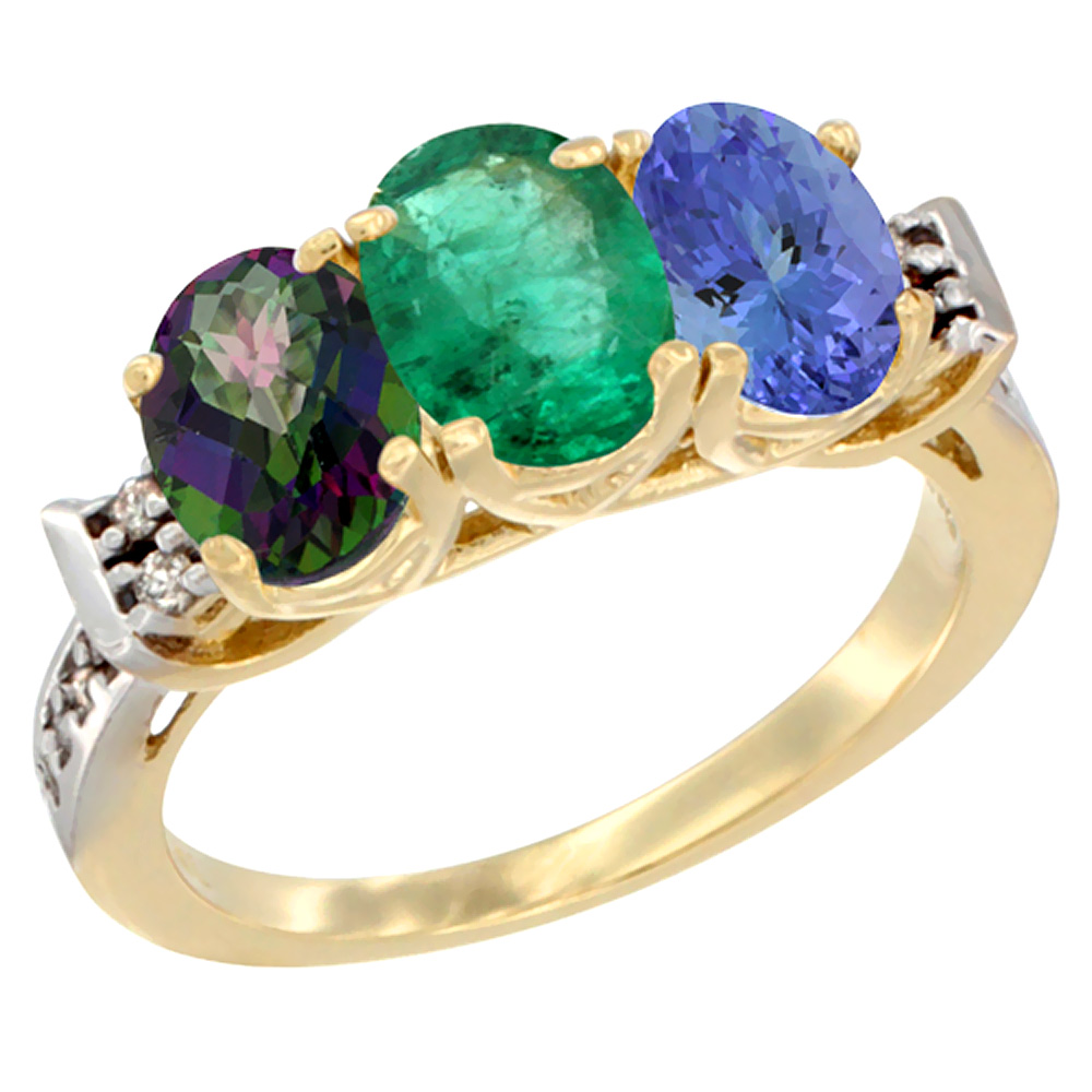 14K Yellow Gold Natural Mystic Topaz, Emerald & Tanzanite Ring 3-Stone 7x5 mm Oval Diamond Accent, sizes 5 - 10