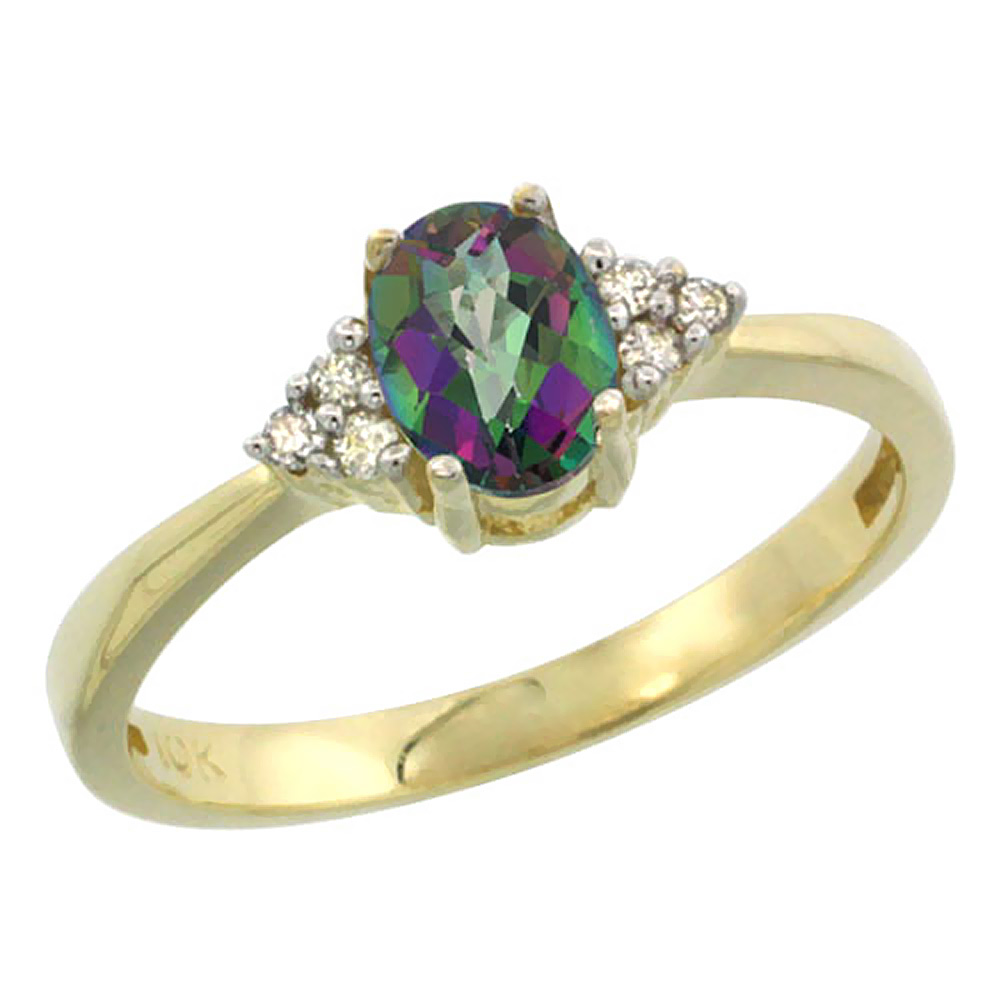 10K Yellow Gold Natural Mystic Topaz Ring Oval 6x4mm Diamond Accent, sizes 5-10