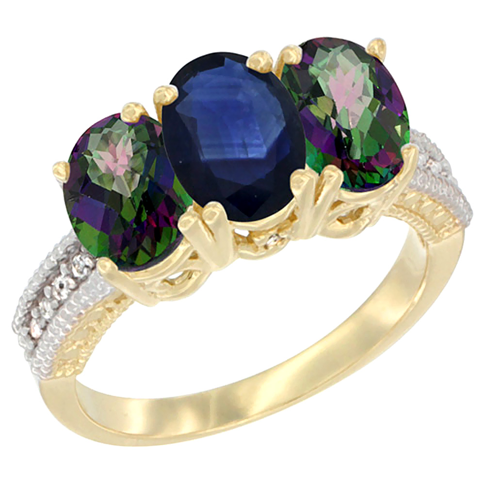 14K Yellow Gold Natural Blue Sapphire & Mystic Topaz Sides Ring 3-Stone 7x5 mm Oval Diamond Accent, sizes 5 - 10