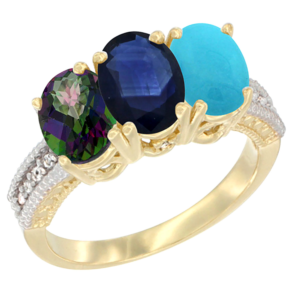 14K Yellow Gold Natural Mystic Topaz, Blue Sapphire & Turquoise Ring 3-Stone 7x5 mm Oval Diamond Accent, sizes 5 - 10