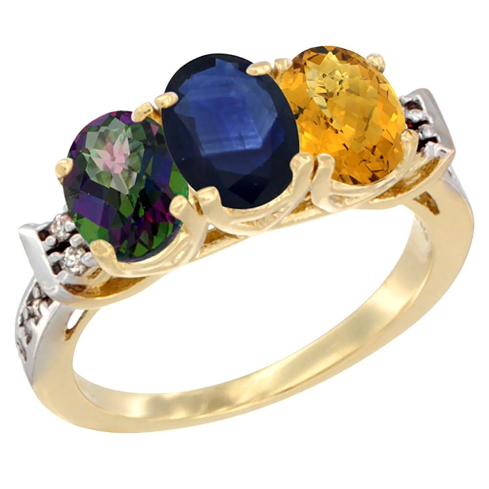 14K Yellow Gold Natural Mystic Topaz, Blue Sapphire & Whisky Quartz Ring 3-Stone 7x5 mm Oval Diamond Accent, sizes 5 - 10