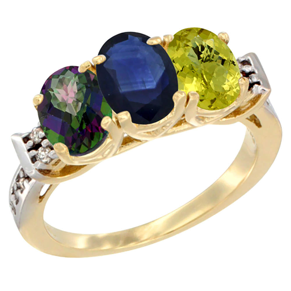 14K Yellow Gold Natural Mystic Topaz, Blue Sapphire & Lemon Quartz Ring 3-Stone 7x5 mm Oval Diamond Accent, sizes 5 - 10