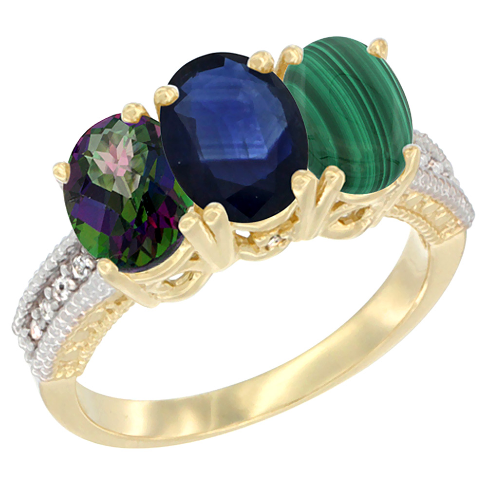 10K Yellow Gold Diamond Natural Mystic Topaz, Blue Sapphire & Malachite Ring 3-Stone 7x5 mm Oval, sizes 5 - 10