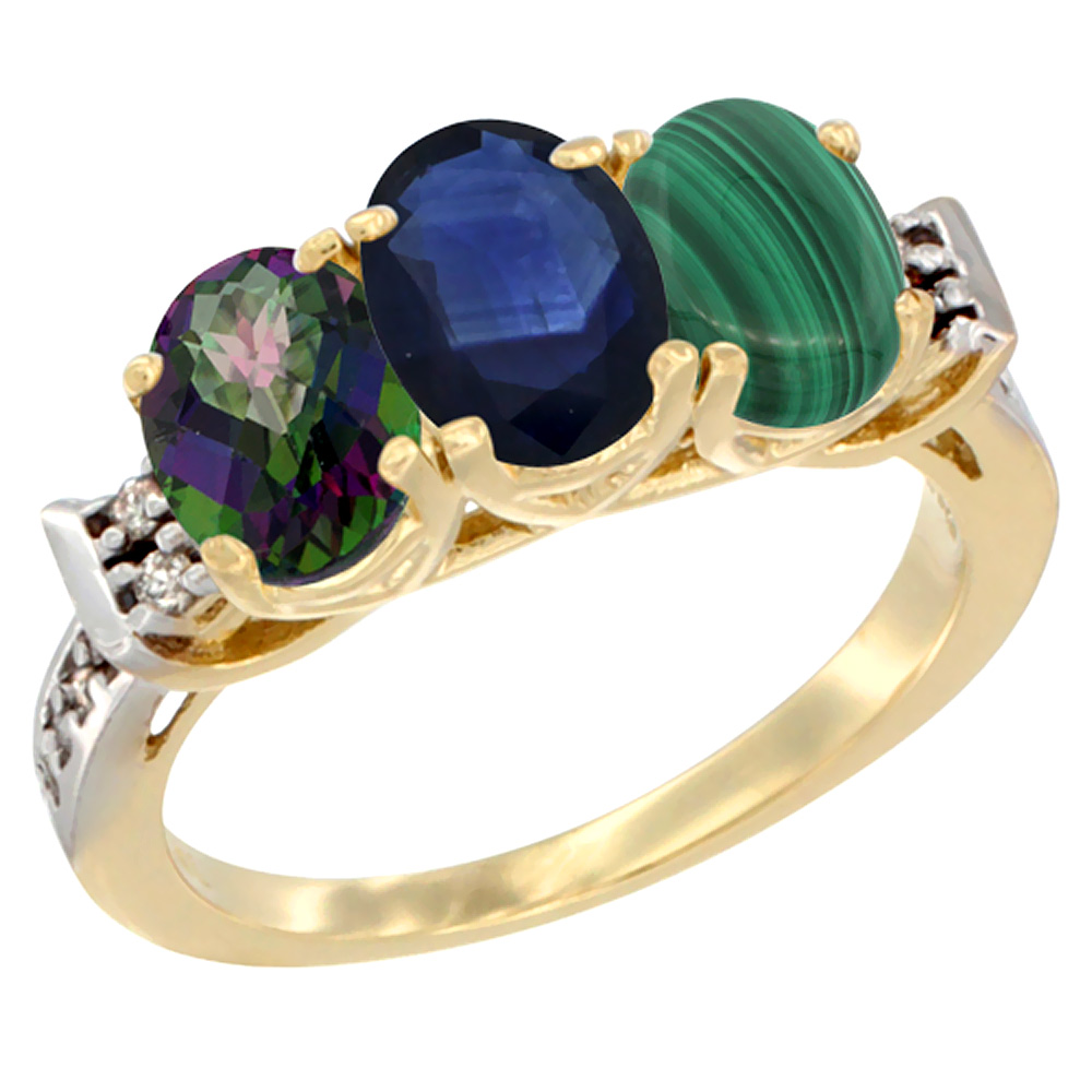 14K Yellow Gold Natural Mystic Topaz, Blue Sapphire & Malachite Ring 3-Stone 7x5 mm Oval Diamond Accent, sizes 5 - 10