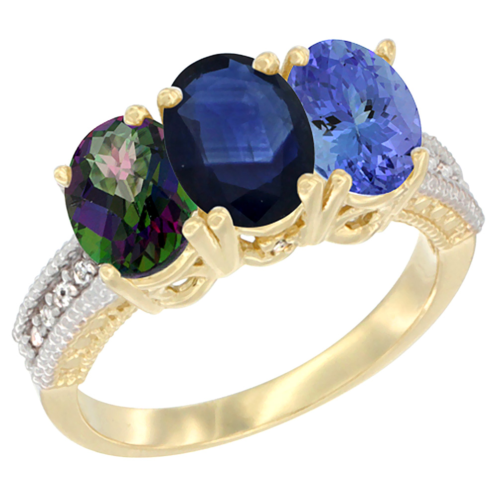 14K Yellow Gold Natural Mystic Topaz, Blue Sapphire & Tanzanite Ring 3-Stone 7x5 mm Oval Diamond Accent, sizes 5 - 10