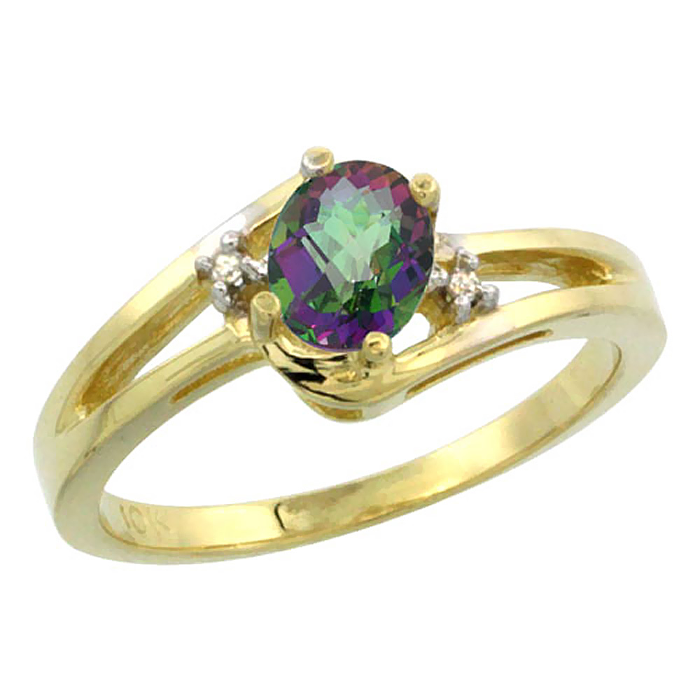 10K Yellow Gold Diamond Natural Mystic Topaz Ring Oval 6x4 mm, sizes 5-10