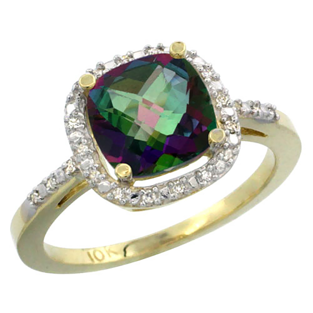 10K Yellow Gold Natural Mystic Topaz Ring Cushion-cut 8x8mm Diamond Accent, sizes 5-10